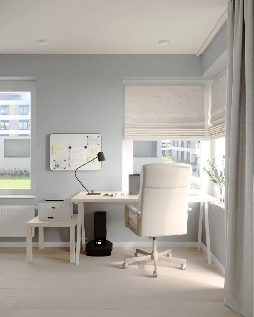 Стильний кабінет із заспокійливим блакитним відтінком 